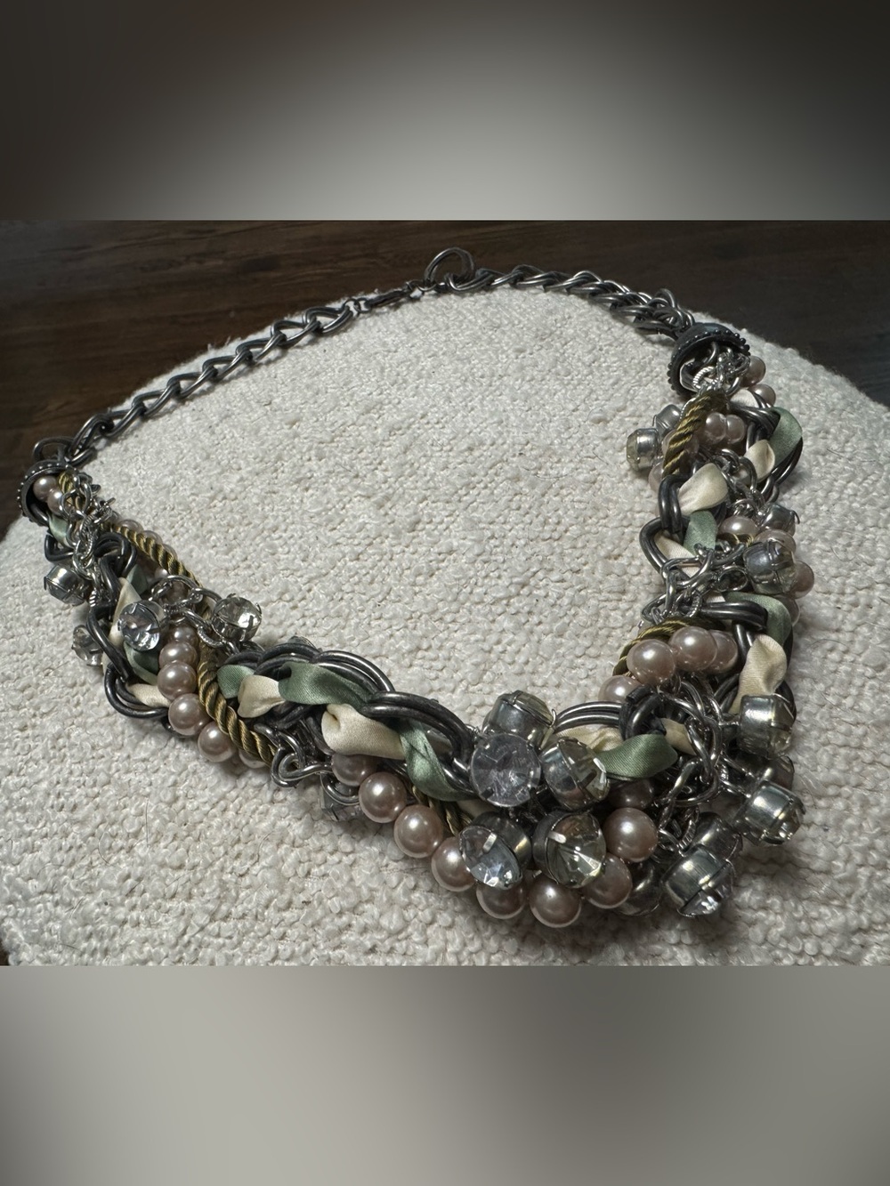 Ann Taylor Multi-Chain Pearl, Crystal & Ribbon Necklace in Green and Cream